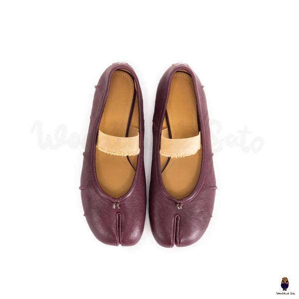WoodChuckSato Damen- und Herren-Ballerinas Tabi Split-Toe „Distressed“ aus Leder in Burgunderrot mit elastischem Band, Größen EU 35–45