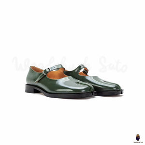 WoodChuckSato Zapatos planos Mary Jane de charol con punta dividida Tabi verde para hombre y mujer con correas de hebilla ajustables, tallas EU 35-47