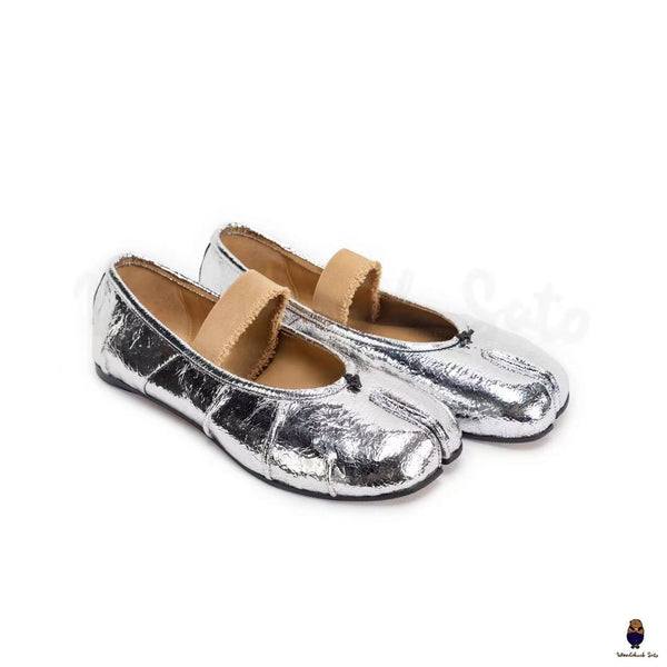 WoodChuckSato Bailarinas de cuero "envejecido" con punta dividida y tabi plateado agrietado para hombre y mujer, tallas EU 35-45