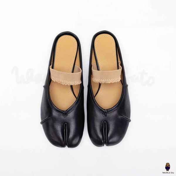 WoodChuckSato Women's Men's Black Tabi Split-Toe "Distressed" Leather Ballet Mule Shoes with Elastic Band Sizes EU 35-45