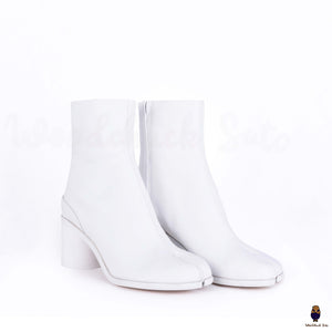 WoodChuckSato Women's Men's White Tabi Split-Toe Cow Leather Boots with 6cm Heel Height Sizes EU 35-48