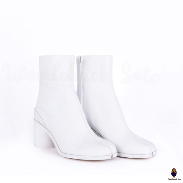 WoodChuckSato Women's Men's White Tabi Split-Toe Cow Leather Boots with 6cm Heel Height Sizes EU 35-48