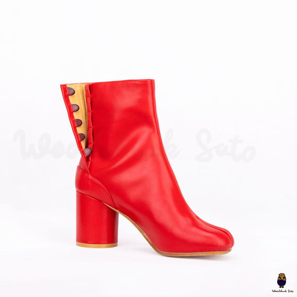 Tabi bottes rouges en cuir à talon de 8 cm pour hommes et femmes à bout fendu EU35-47