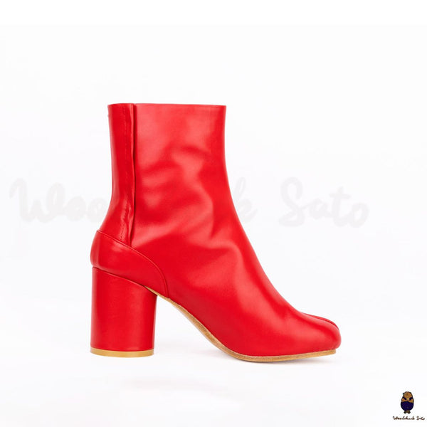 Tabi split toe men’s women’s 8cm heel leather red boots EU35-47