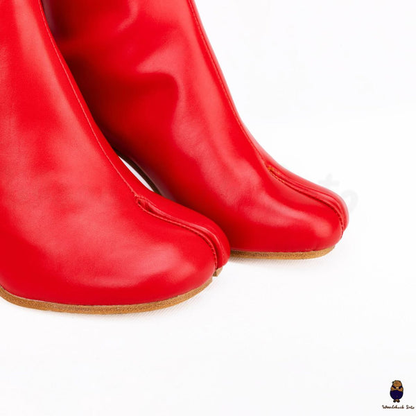 Rote Tabi-Lederstiefel mit geteilter Zehenpartie für Herren und Damen, 8 cm Absatz, EU35–47