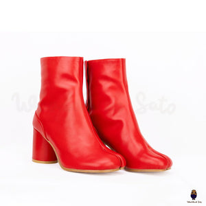 Tabi bottes rouges en cuir à talon de 8 cm pour hommes et femmes à bout fendu EU35-47