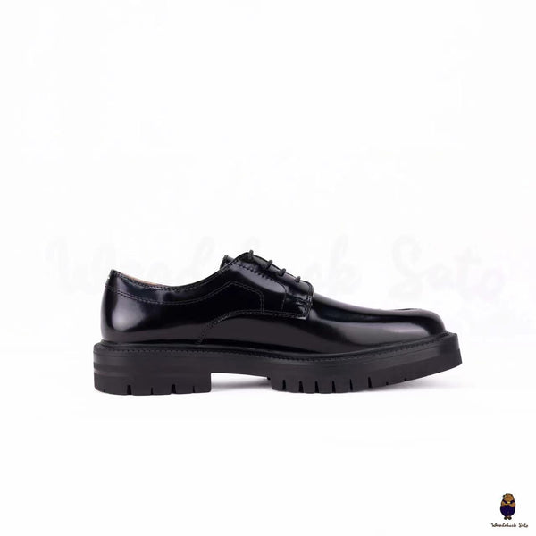 WoodChuckSato Women's Men's Black Tabi Split-Toe Cow Leather Lace-Up Flats with Chunky Cleated Sole Sizes EU 35-47