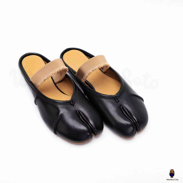 WoodChuckSato Women's Men's Black Tabi Split-Toe "Distressed" Leather Ballet Mule Shoes with Elastic Band Sizes EU 35-45