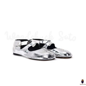 WoodChuckSato Zapatos Mary Jane de cuero de oveja con punta dividida Tabi plateado agrietado para hombre y mujer con correa con hebilla Tallas EU 35-44