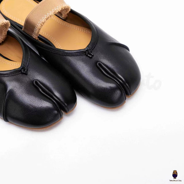 WoodChuckSato Women's Men's Black Tabi Split-Toe "Distressed" Leather Ballet Mule Shoes with Elastic Band Sizes EU 35-45