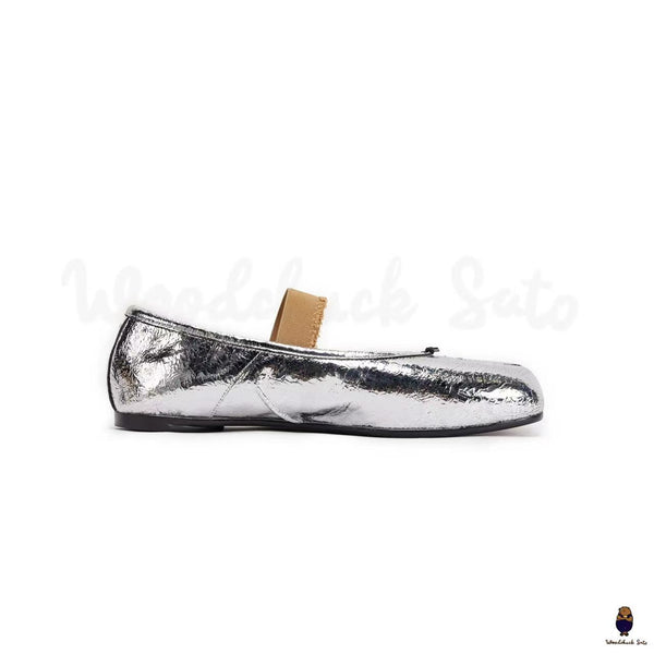 WoodChuckSato Bailarinas de cuero "envejecido" con punta dividida y tabi plateado agrietado para hombre y mujer, tallas EU 35-45
