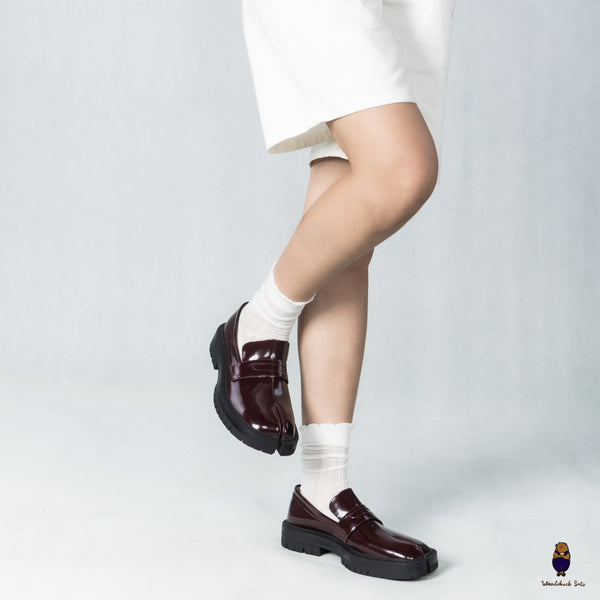 WoodChuckSato Women's Men's Burgundy Tabi Split-Toe Cow Leather Loafers with Chunky Cleated Sole Sizes EU 35-47
