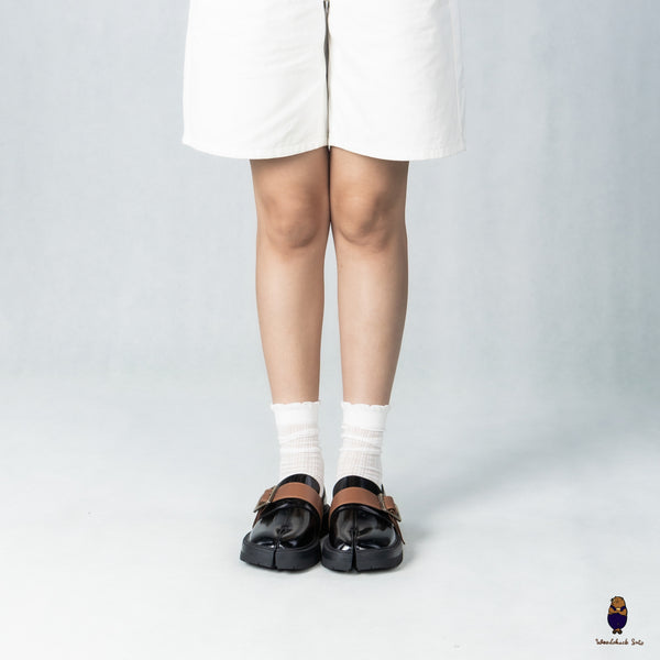 WoodChuckSato Black Tabi Split-Toe Cow Leather Loafers with Chunky Cleated Sole & Detachabl Camel Brown Buckle Strap