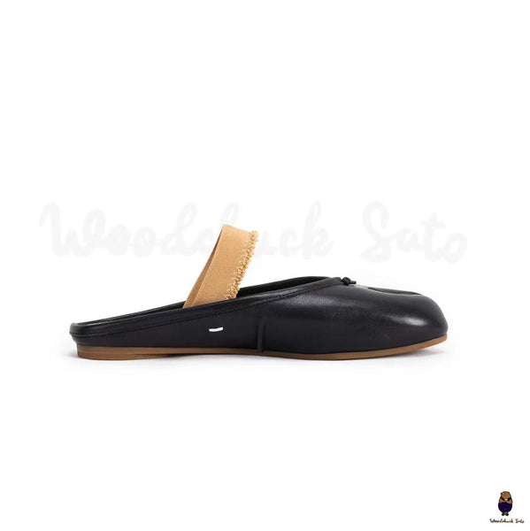 WoodChuckSato Women's Men's Black Tabi Split-Toe "Distressed" Leather Ballet Mule Shoes with Elastic Band Sizes EU 35-45