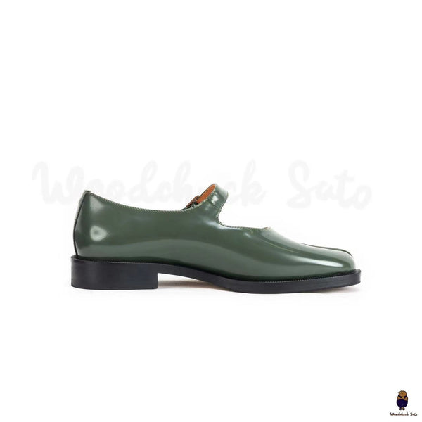 WoodChuckSato Zapatos planos Mary Jane de charol con punta dividida Tabi verde para hombre y mujer con correas de hebilla ajustables, tallas EU 35-47