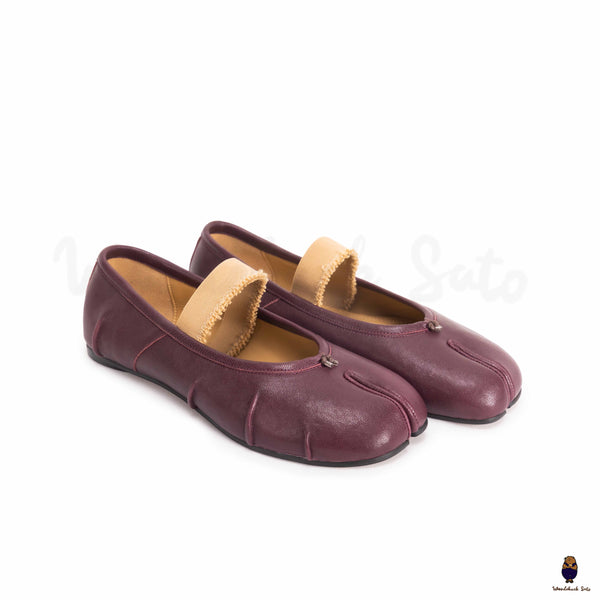 WoodChuckSato Damen- und Herren-Ballerinas Tabi Split-Toe „Distressed“ aus Leder in Burgunderrot mit elastischem Band, Größen EU 35–45