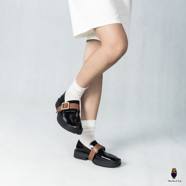 WoodChuckSato Black Tabi Split-Toe Cow Leather Loafers with Chunky Cleated Sole & Detachabl Camel Brown Buckle Strap