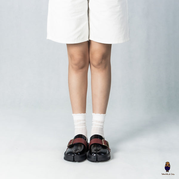 WoodChuckSato Black Tabi Split-Toe Cow Leather Loafers with Chunky Cleated Sole & Detachabl Red Buckle Strap