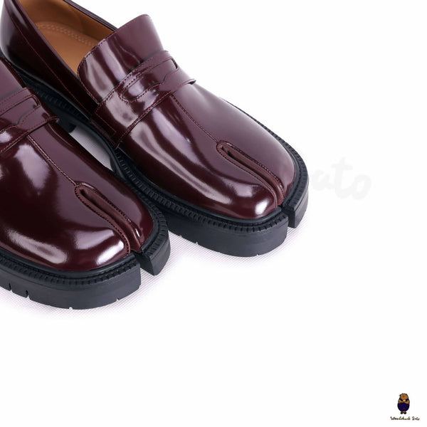 WoodChuckSato Women's Men's Burgundy Tabi Split-Toe Cow Leather Loafers with Chunky Cleated Sole Sizes EU 35-47