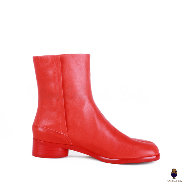 WoodChuckSato Stivali da Uomo in Pelle di Mucca con Punta Divisa Tabi Rosso Brillante da Donna con Altezza Tacco di 3 cm Taglie EU 35-48