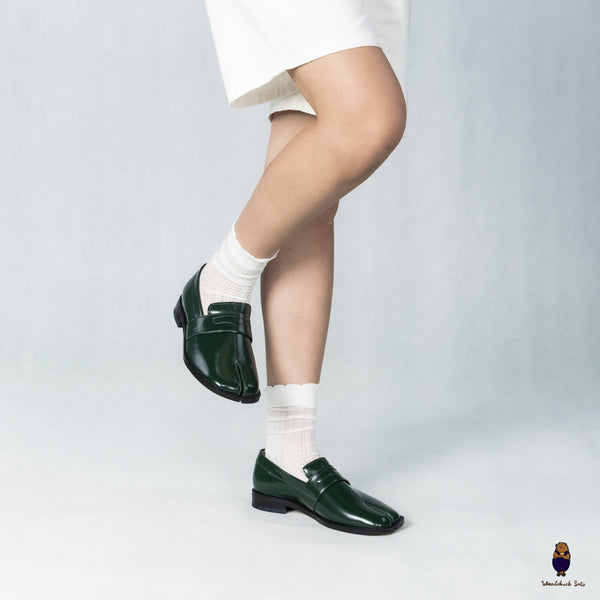 WoodchuckSato Forest Green Edge-Beaded Cow Leather Tabi Loafers with Penny Strap Sizes 35 to 47