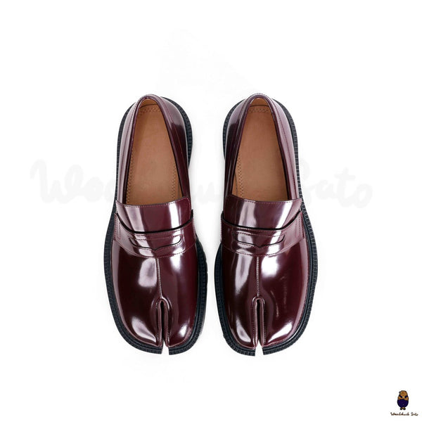 WoodChuckSato Women's Men's Burgundy Tabi Split-Toe Cow Leather Loafers with Chunky Cleated Sole Sizes EU 35-47
