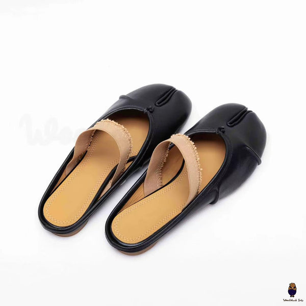 WoodChuckSato Women's Men's Black Tabi Split-Toe "Distressed" Leather Ballet Mule Shoes with Elastic Band Sizes EU 35-45