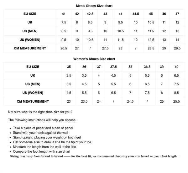 Split-toe Tabi Shoe size chart for men and women with conversion tables and instructions on how to measure foot length.