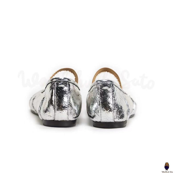 WoodChuckSato Bailarinas de cuero "envejecido" con punta dividida y tabi plateado agrietado para hombre y mujer, tallas EU 35-45