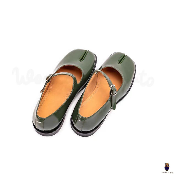 WoodChuckSato Zapatos planos Mary Jane de charol con punta dividida Tabi verde para hombre y mujer con correas de hebilla ajustables, tallas EU 35-47