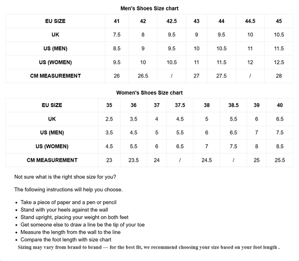 Tabi Split-toe  Shoe size chart for men and women with conversion tables and instructions on how to measure foot length.