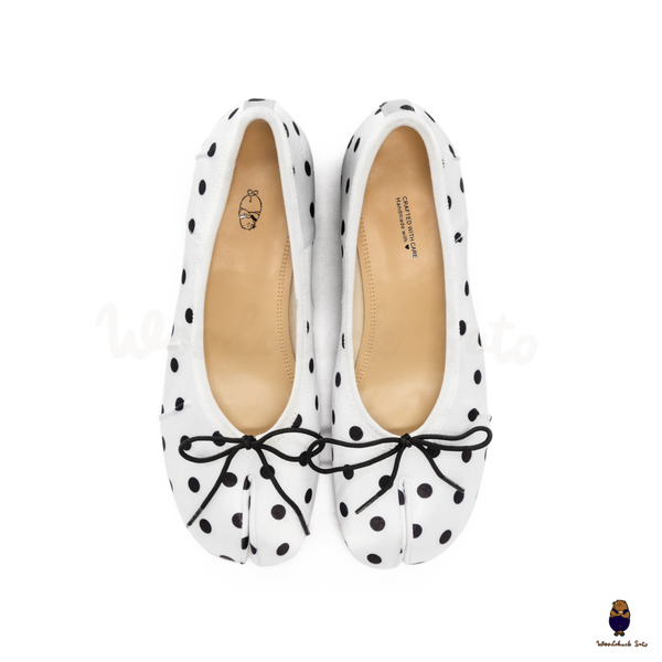 WoodchuckSato White Polka Dot Vegan Bow Tabi Ballet Heels