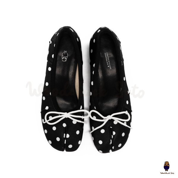 WoodchuckSato Black Polka Dot Vegan Bow Tabi Ballet Heels
