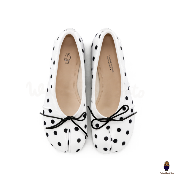 WoodchuckSato White Polka Dot Vegan Bow Tabi Ballet Flats
