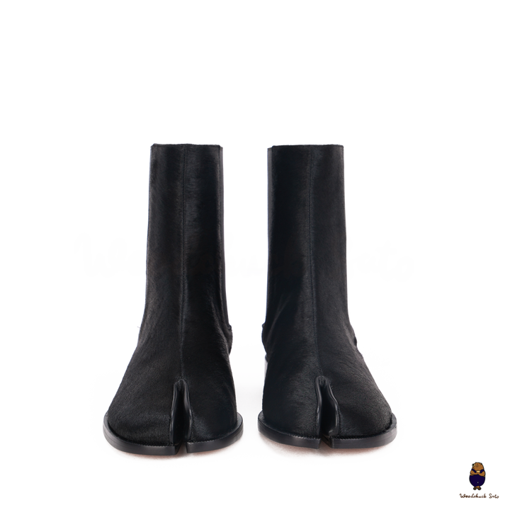 WoodChuckSato Damen Herren schwarze Tabi Split-Toe Rindsleder Pferdehaar elastische Stiefel Größen EU 35-47