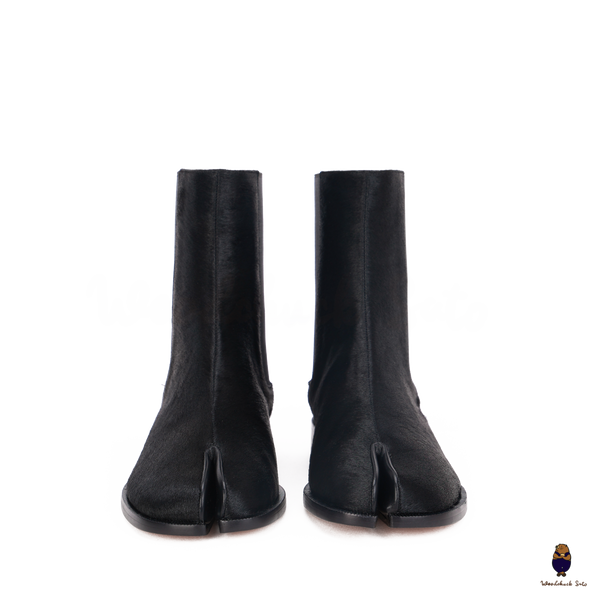 WoodChuckSato Damen Herren schwarze Tabi Split-Toe Rindsleder Pferdehaar elastische Stiefel Größen EU 35-47