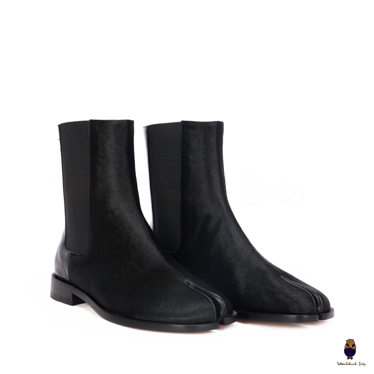 WoodChuckSato Damen Herren schwarze Tabi Split-Toe Rindsleder Pferdehaar elastische Stiefel Größen EU 35-47