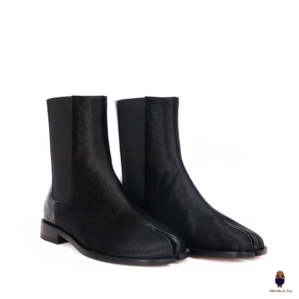 WoodChuckSato Damen Herren schwarze Tabi Split-Toe Rindsleder Pferdehaar elastische Stiefel Größen EU 35-47