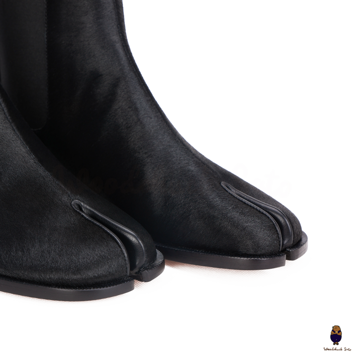 WoodChuckSato Damen Herren schwarze Tabi Split-Toe Rindsleder Pferdehaar elastische Stiefel Größen EU 35-47