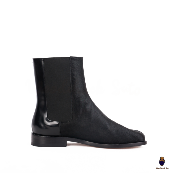 WoodChuckSato Damen Herren schwarze Tabi Split-Toe Rindsleder Pferdehaar elastische Stiefel Größen EU 35-47