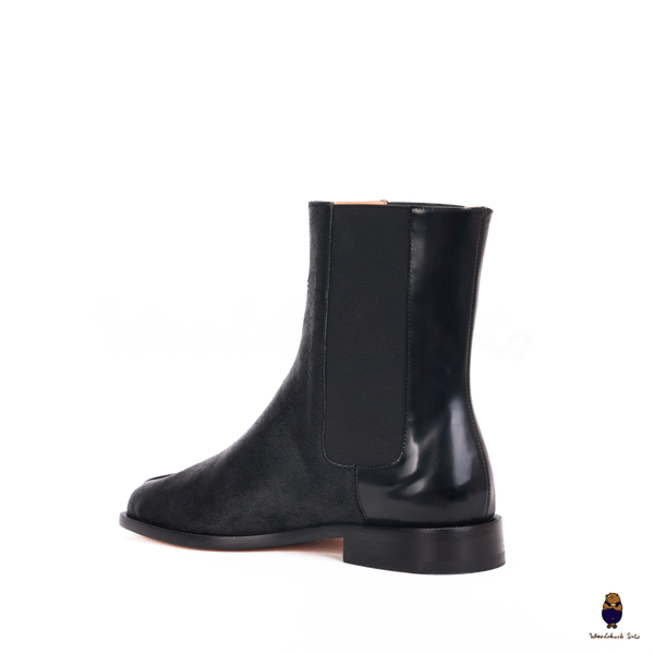 WoodChuckSato Damen Herren schwarze Tabi Split-Toe Rindsleder Pferdehaar elastische Stiefel Größen EU 35-47