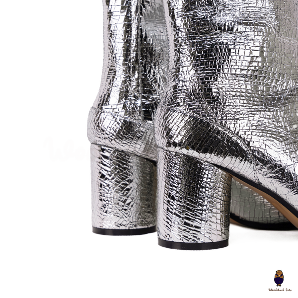 WoodChuckSato Women's Men's Cracked Silver Tabi Split-Toe Cow Leather Boots with 8cm Heel Height Sizes EU 35-48