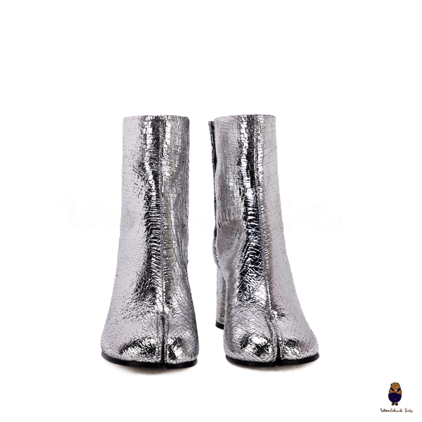 WoodChuckSato Women's Men's Cracked Silver Tabi Split-Toe Cow Leather Boots with 8cm Heel Height Sizes EU 35-48
