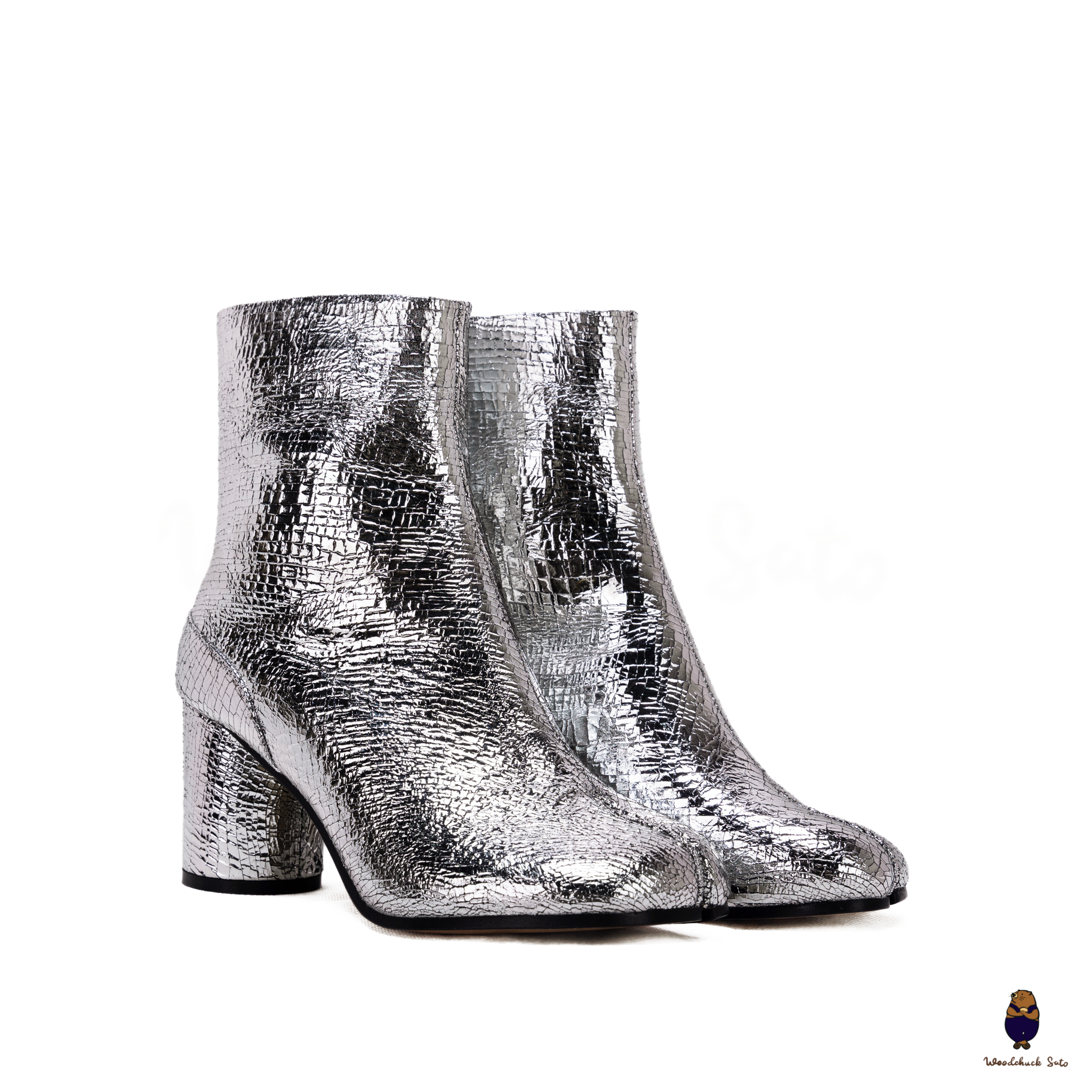WoodChuckSato Women's Men's Cracked Silver Tabi Split-Toe Cow Leather Boots with 8cm Heel Height Sizes EU 35-48