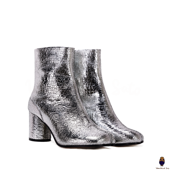 WoodChuckSato Women's Men's Cracked Silver Tabi Split-Toe Cow Leather Boots with 8cm Heel Height Sizes EU 35-48