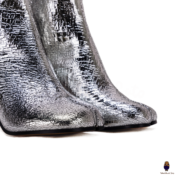 WoodChuckSato Women's Men's Cracked Silver Tabi Split-Toe Cow Leather Boots with 8cm Heel Height Sizes EU 35-48