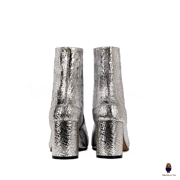 WoodChuckSato Women's Men's Cracked Silver Tabi Split-Toe Cow Leather Boots with 8cm Heel Height Sizes EU 35-48