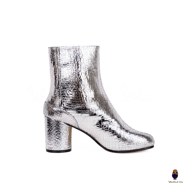 WoodChuckSato Women's Men's Cracked Silver Tabi Split-Toe Cow Leather Boots with 8cm Heel Height Sizes EU 35-48