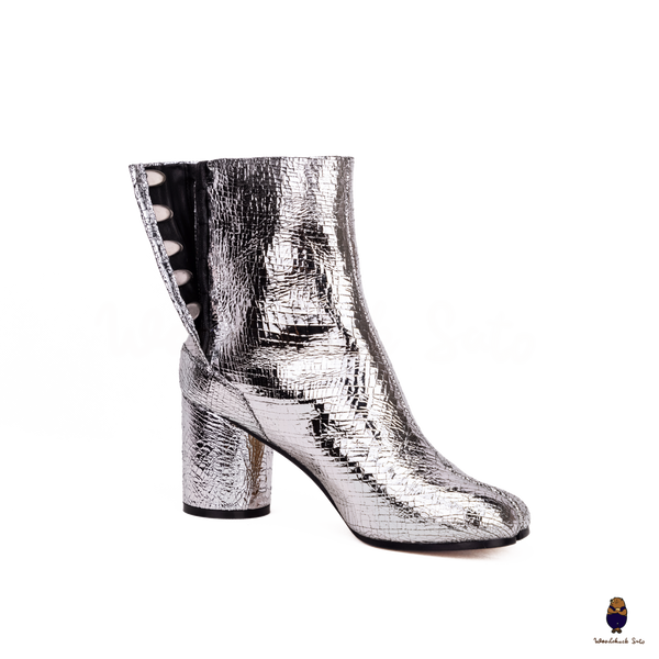 WoodChuckSato Women's Men's Cracked Silver Tabi Split-Toe Cow Leather Boots with 8cm Heel Height Sizes EU 35-48