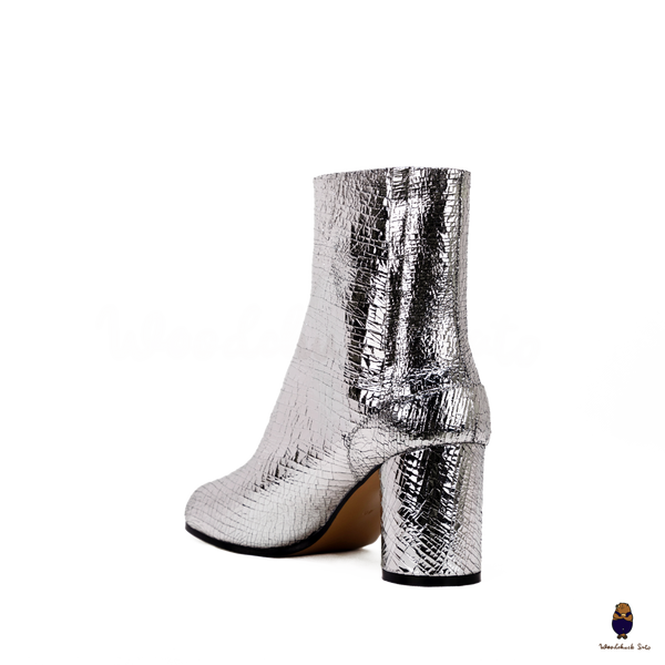 WoodChuckSato Women's Men's Cracked Silver Tabi Split-Toe Cow Leather Boots with 8cm Heel Height Sizes EU 35-48